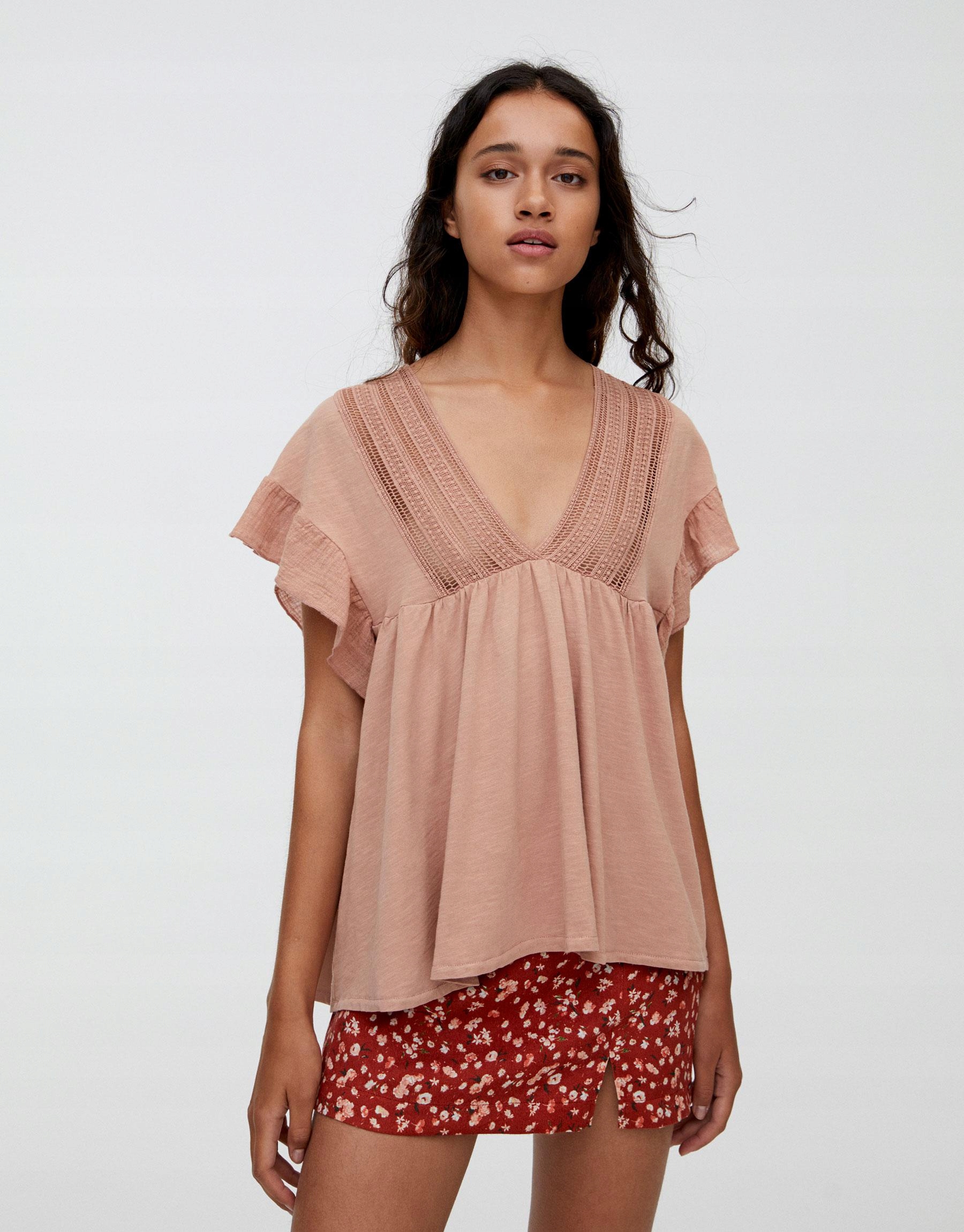 bluzka v-neck falbana haft