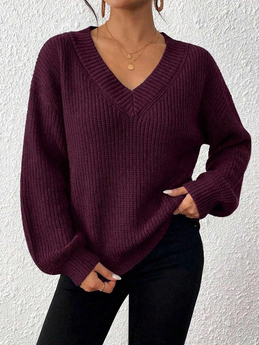 bordowy sweter splot v-neck