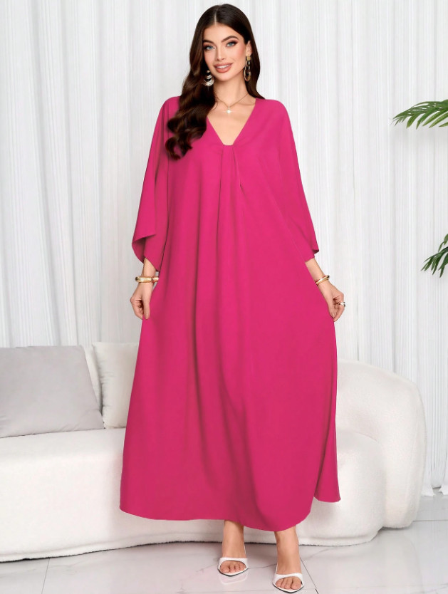 różowa maxi sukienka v-neck