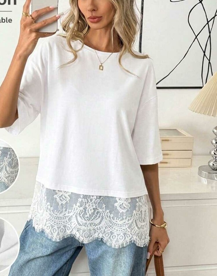 BIAŁY T-SHIRT OKRĄGŁY DEKOLT KORONKA