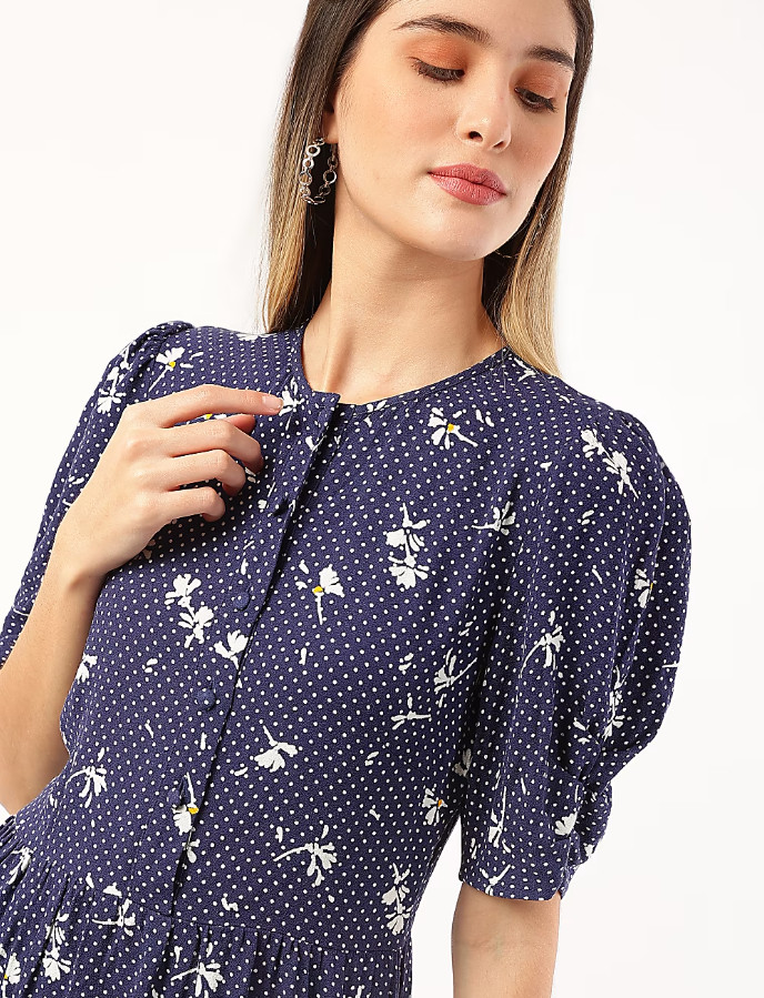 GRANATOWA MIDI SUKIENKA PRINT T69-6008X-F4