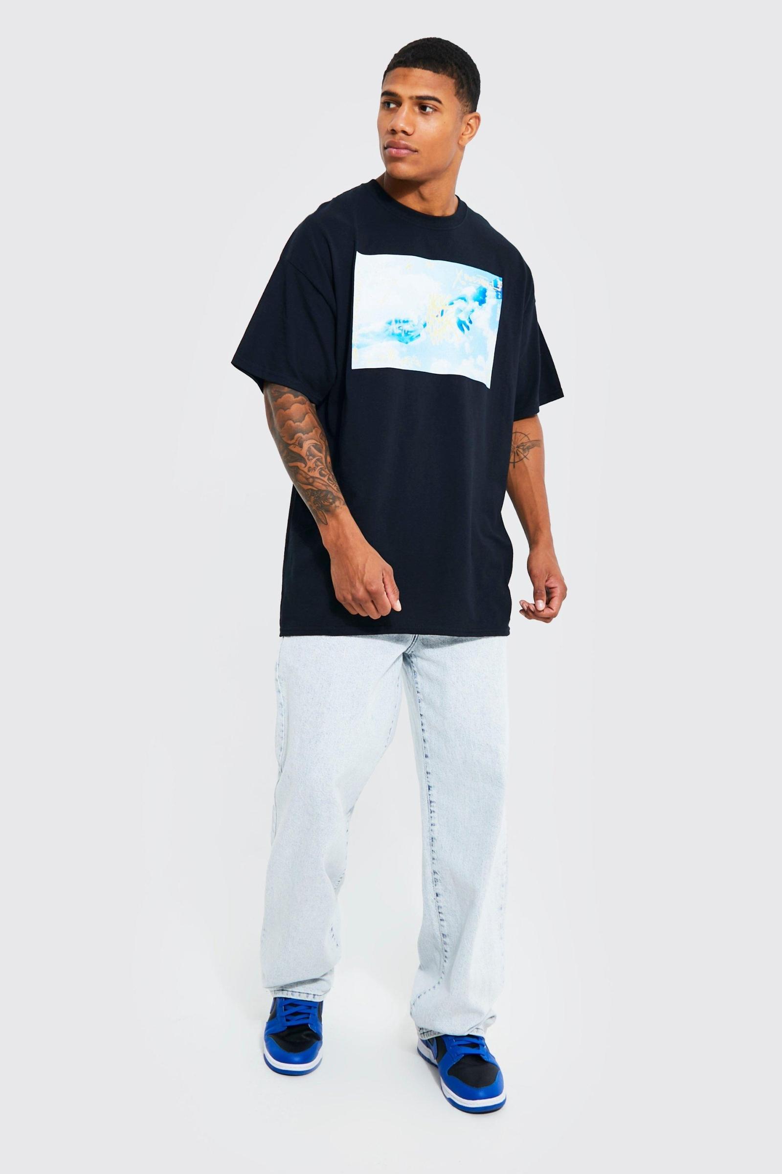 BAWEŁNIANY CZARNY T-SHIRT OVERSIZE OKRĄGŁY DEKOLT PRINT 