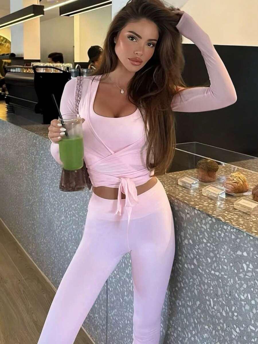 RÓŻOWY KOMPLET TOP BLUZKA LEGGINSY