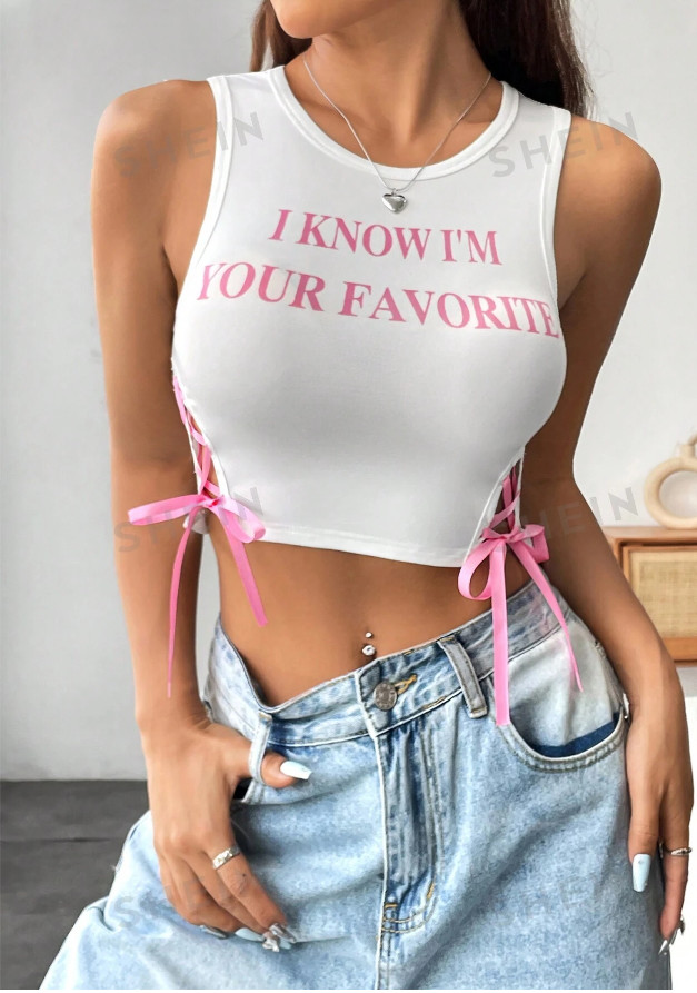 biały crop top bez rękawów wstążki wiązanie nadruk