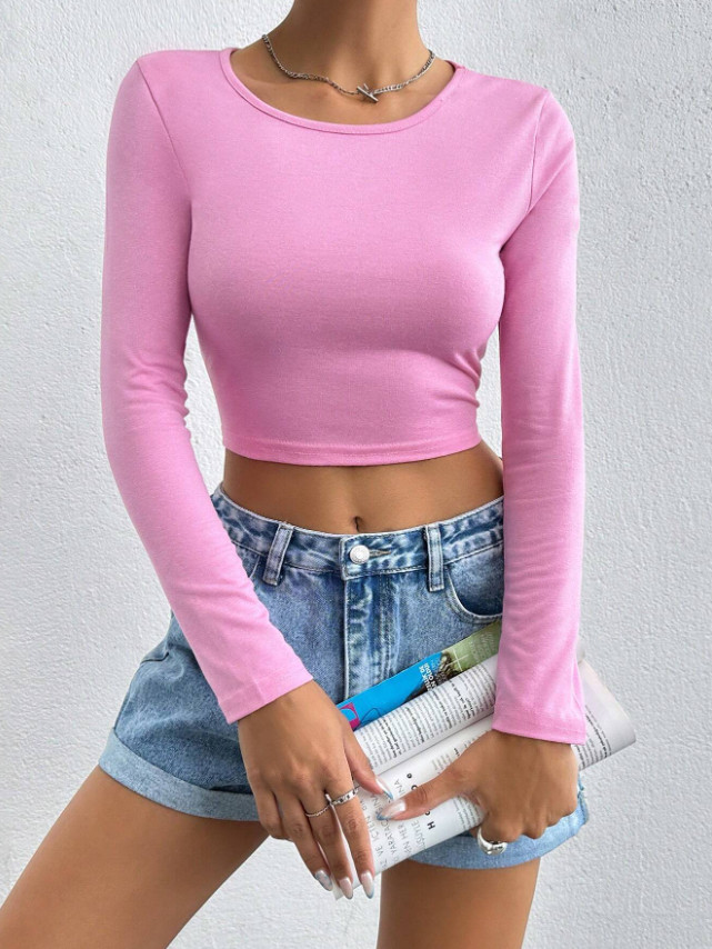 różowy crop top długi rękaw wiązanie