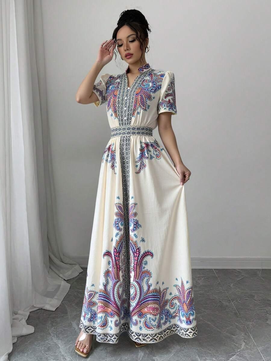 maxi sukienka krótki rękaw v neck wzór