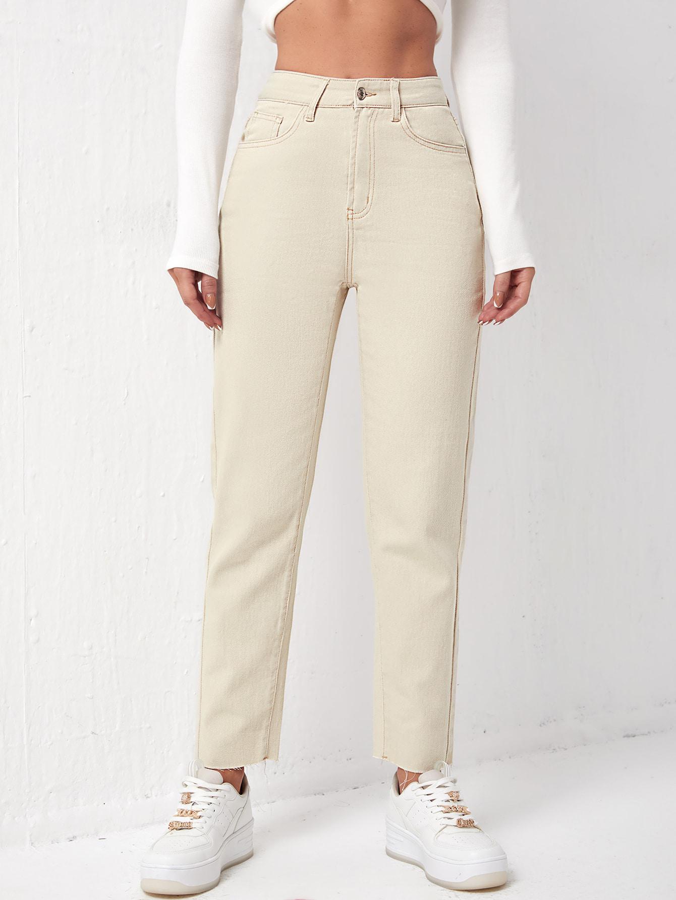 BEŻOWE SPODNIE JEANS WYSOKI STAN 