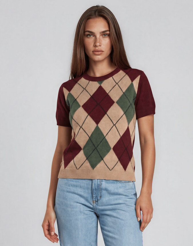 sweter z krótkim rękawem wzór z domieszka wełny