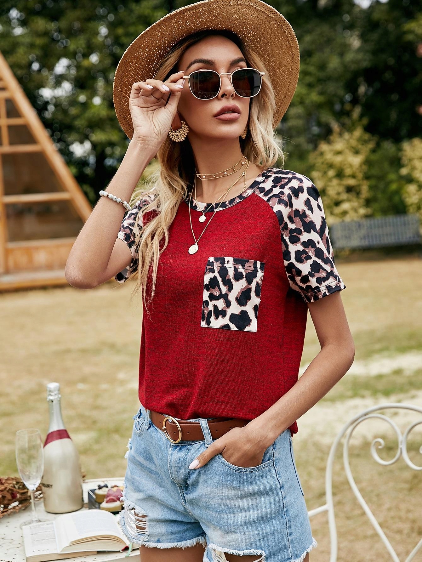 T-shirt okrągły dekolt łączenie animal print