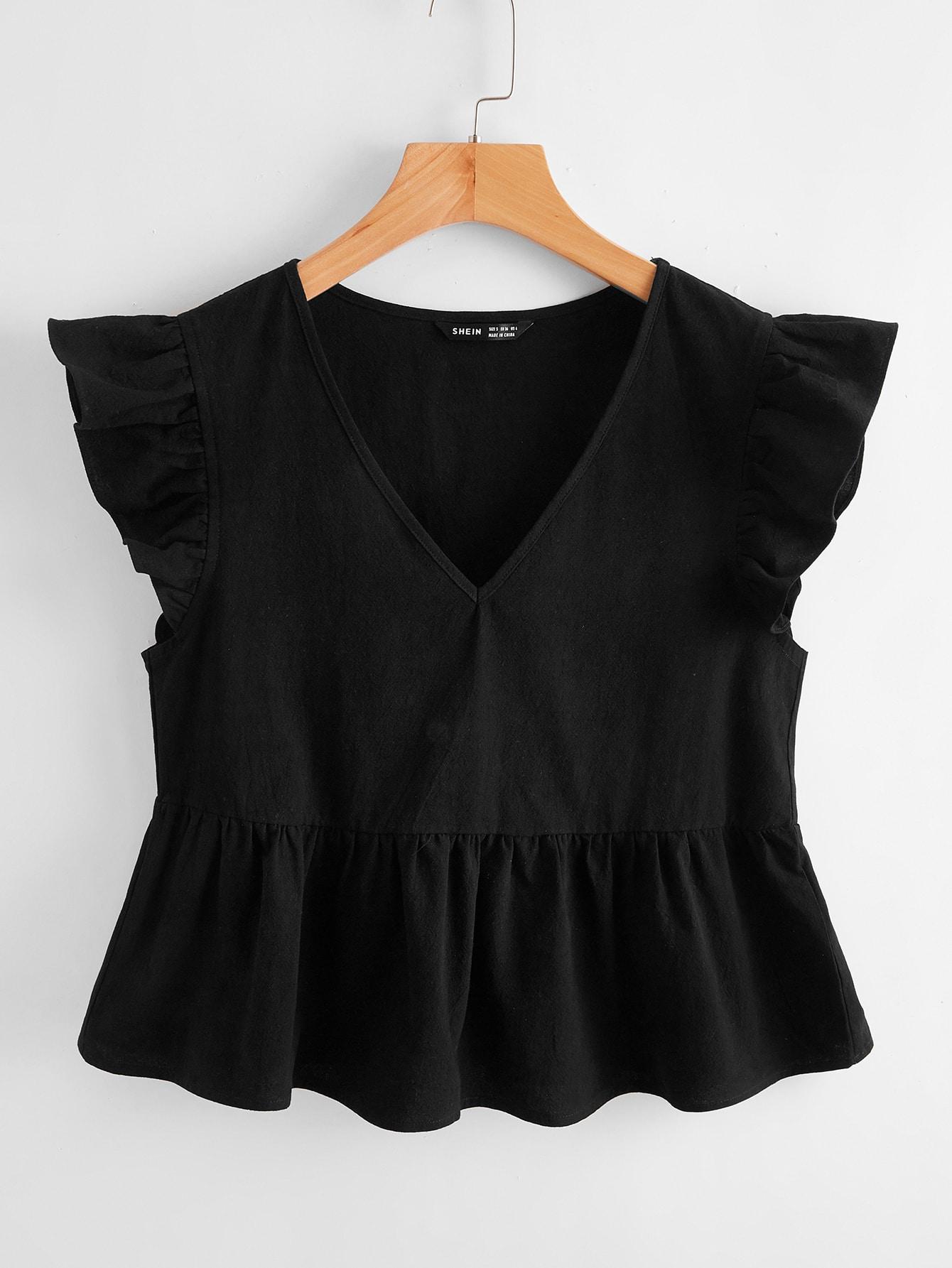 czarna bluzka v-neck falbana