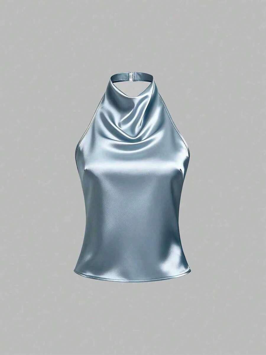 niebieski satynowy top