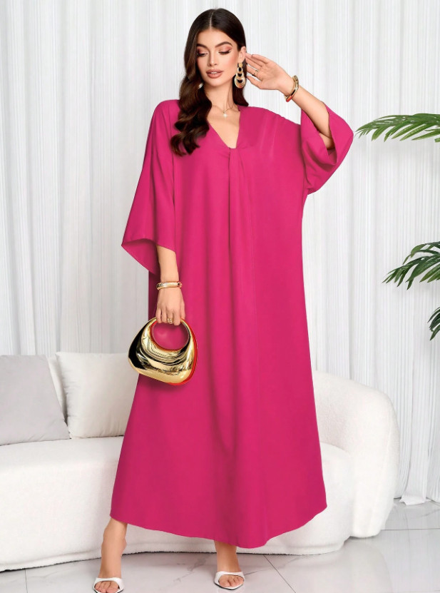 różowa maxi sukienka v-neck