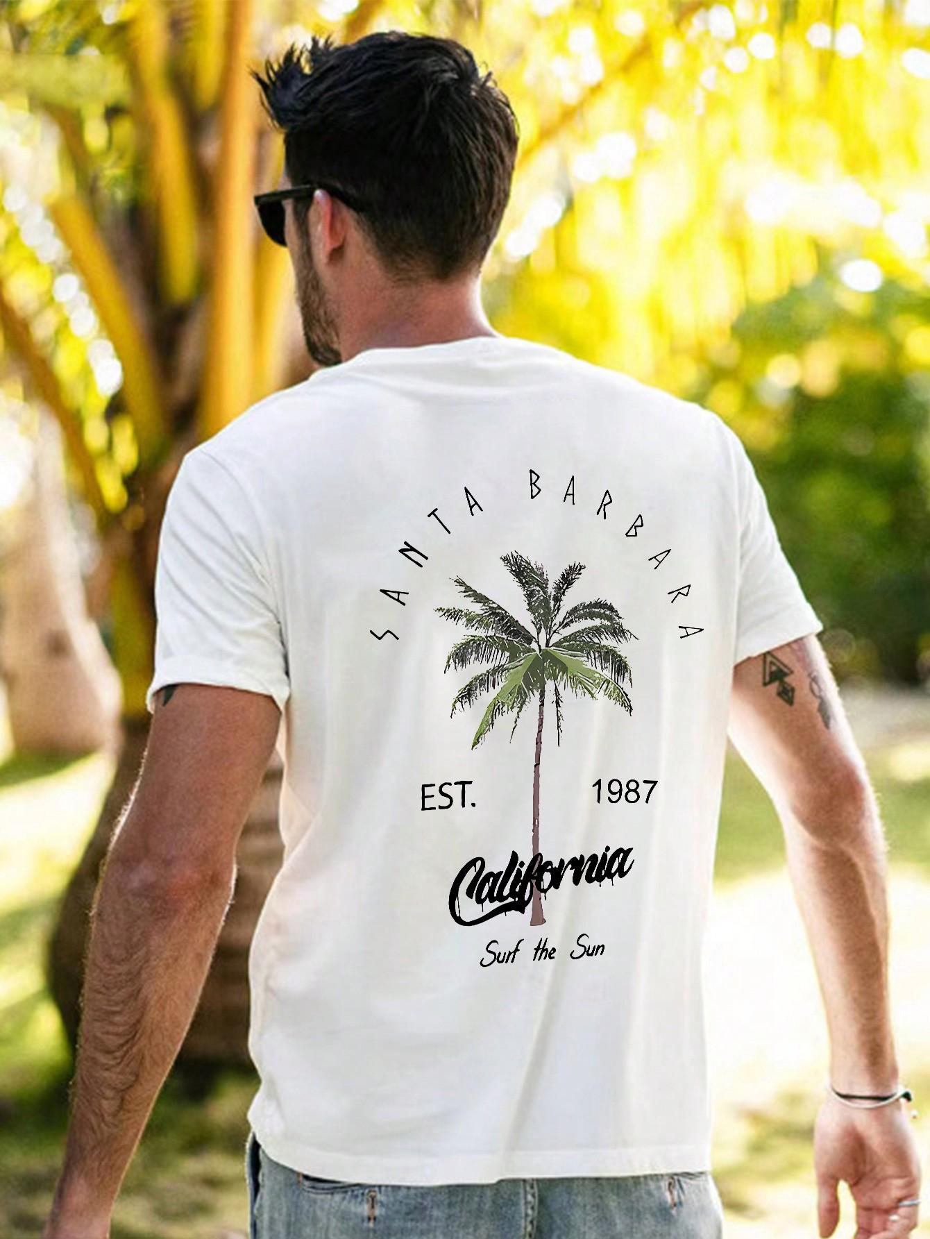 KLASYCZNY BIAŁY T-SHIRT NADRUK OKRĄGŁY DEKOLT PALMY