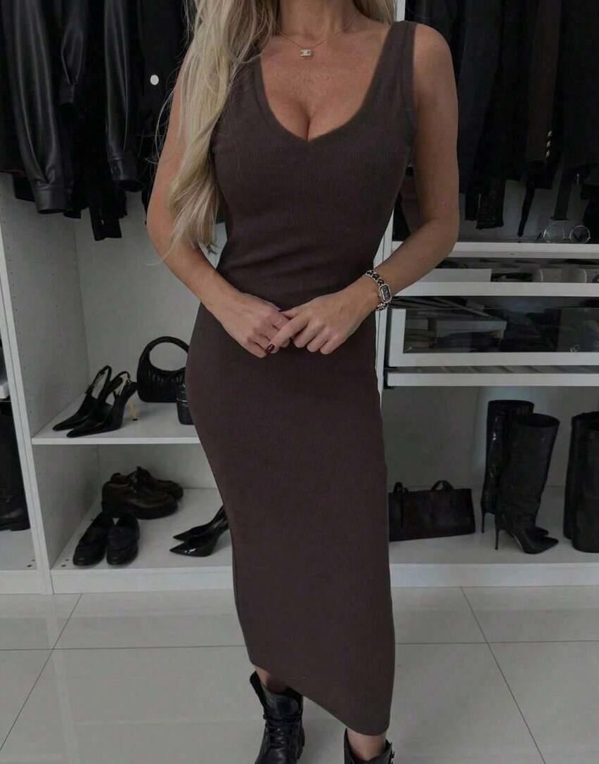 BRĄZOWA MIDI SUKIENKA V-NECK 