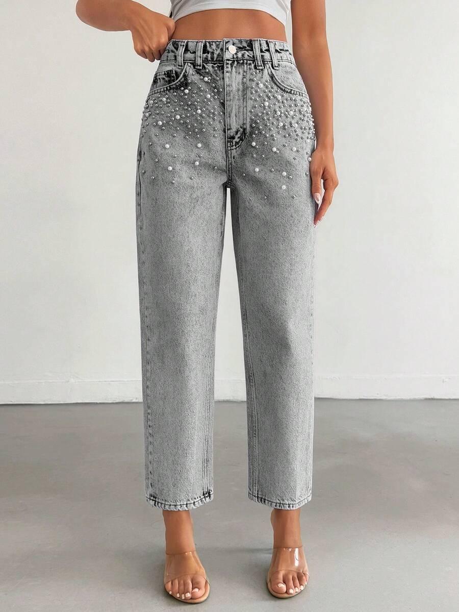 SZARE SPODNIE JEANS ZDOBIENIE