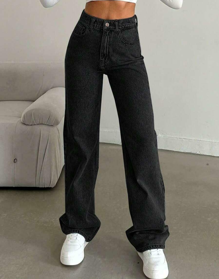 CZARNE SPODNIE JEANS WYSOKI STAN KIESZENIE