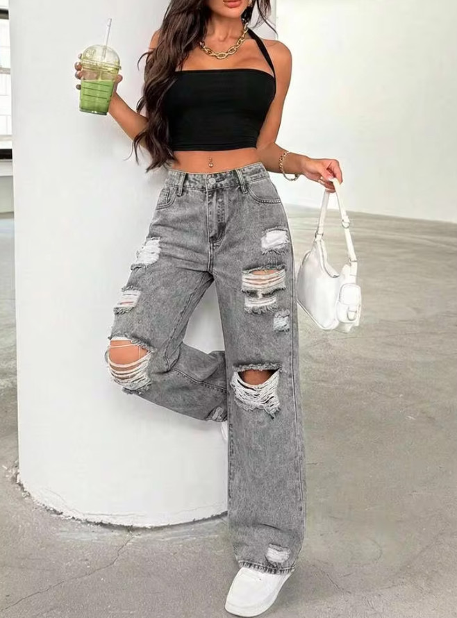 szare spodnie jeans dziury