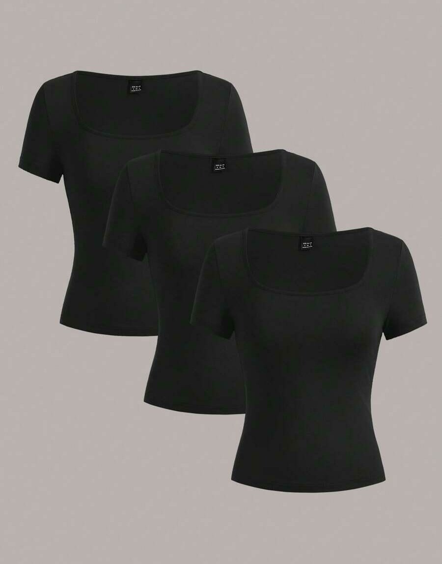 czarna dopasowana bluzka kwadratowy dekolt 3 pack