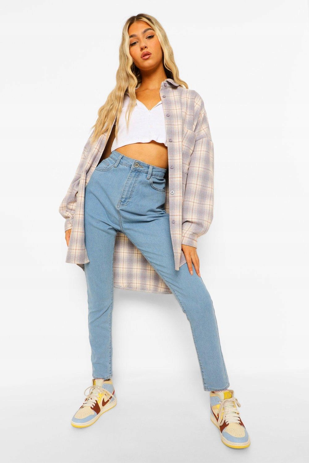 spodnie jeans rurki wysoki stan 