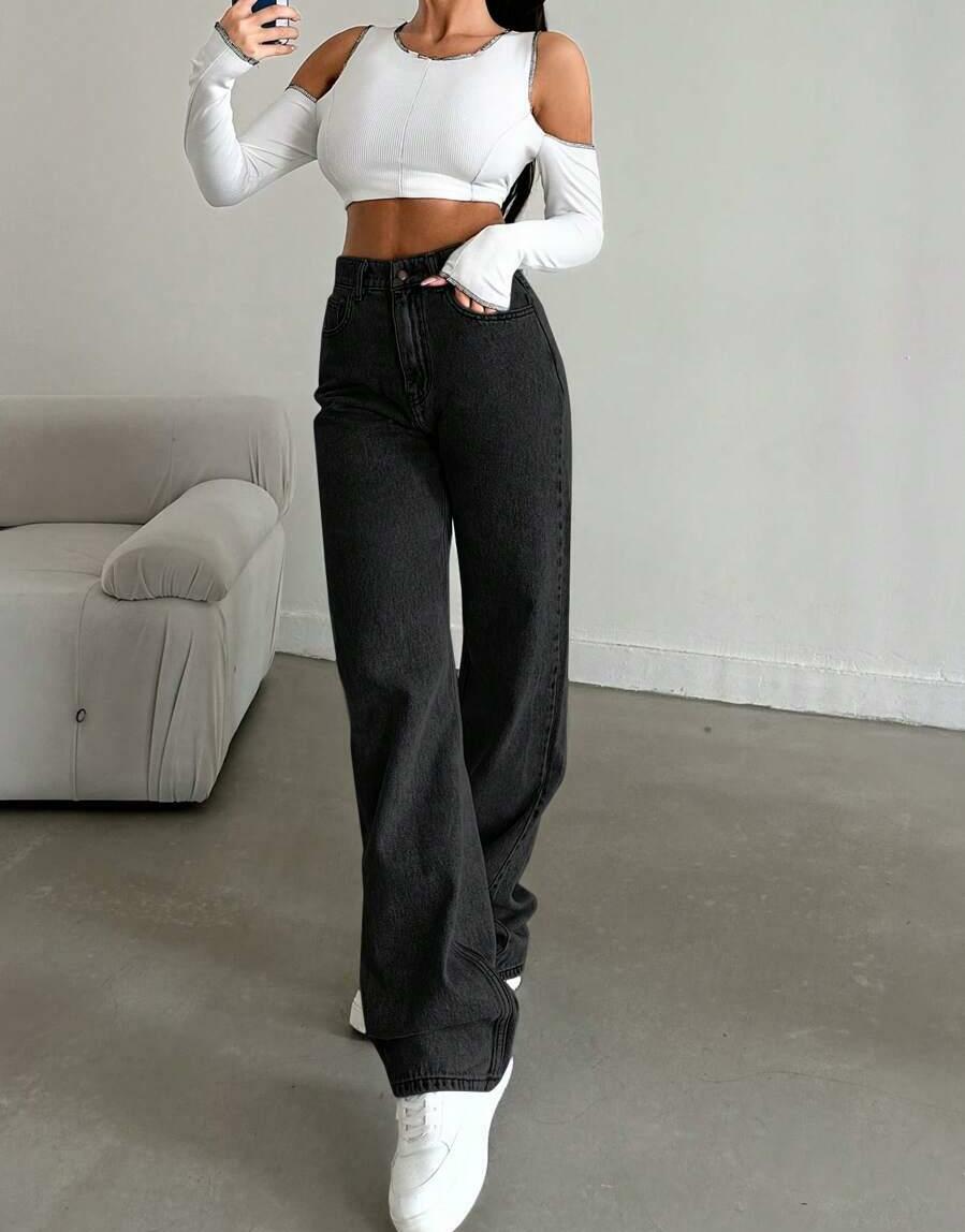 CZARNE SPODNIE JEANS WYSOKI STAN KIESZENIE