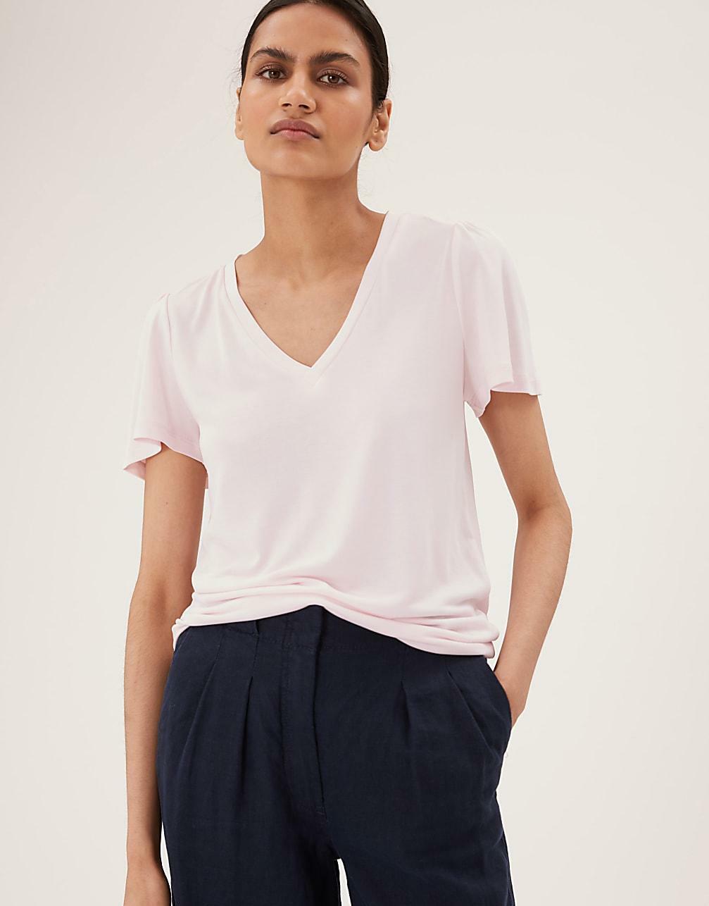 różowy t-shirt v-neck T43-7982-A1