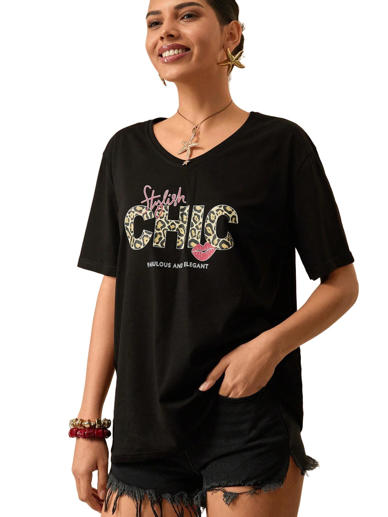 CZARNY T-SHIRT DAMSKI Z NADRUKIEM 