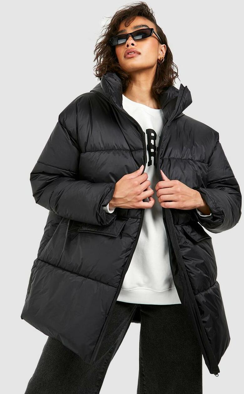 pikowana czarna kurtka puffer oversize kaptur