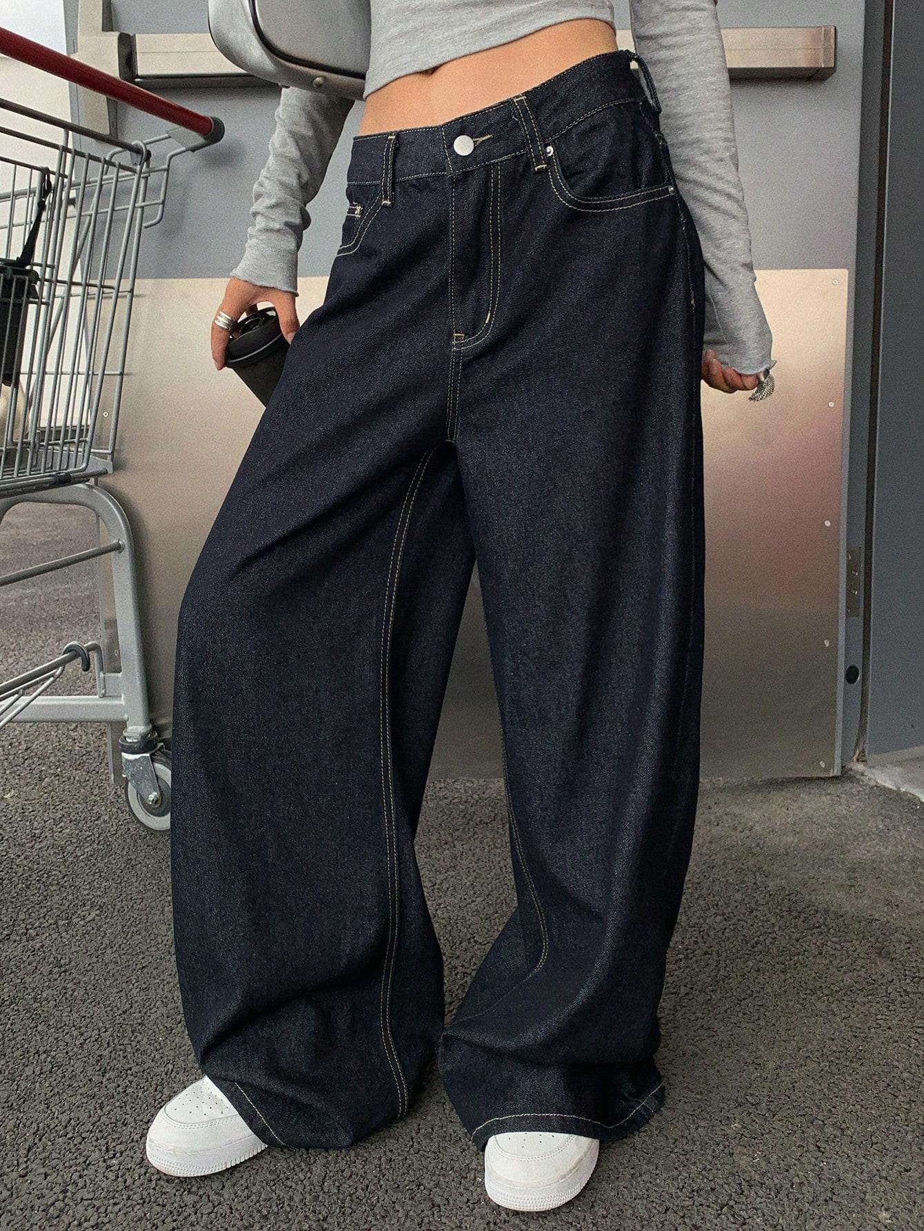 GRANATOWE SPODNIE JEANS PROSTA NOGAWKA 