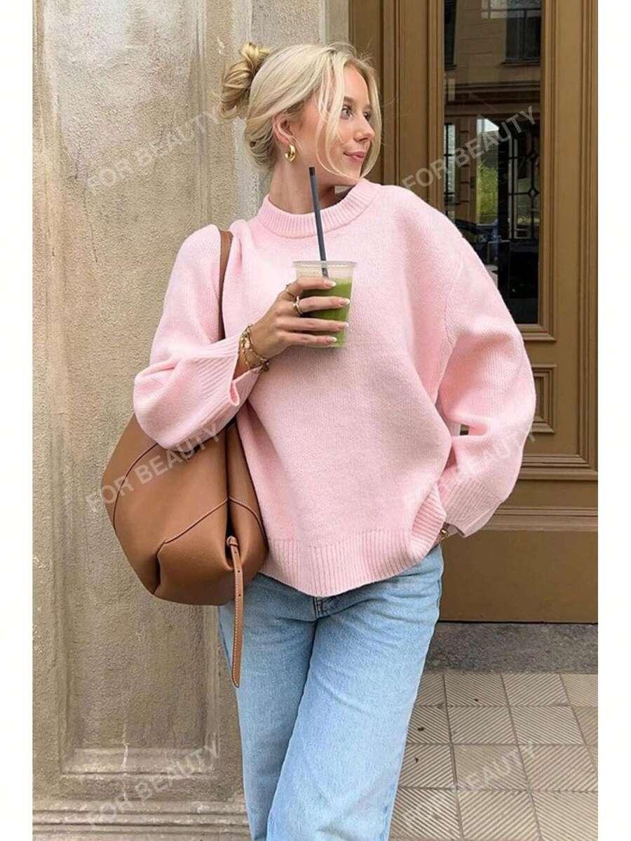 RÓŻOWY SWETER OKRĄGŁY DEKOLT 
