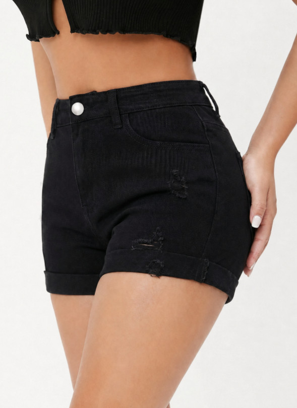 CZARNE KRÓTKIE SPODENKI Z PRZETARCIAMI JEANS