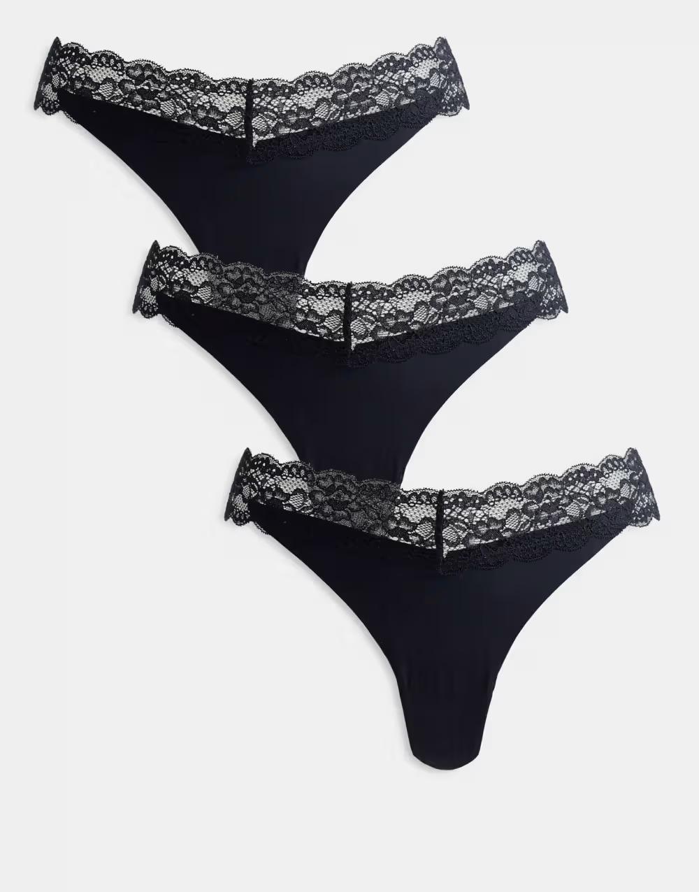 czarne bezszwowe majtki stringi koronka 3-pack