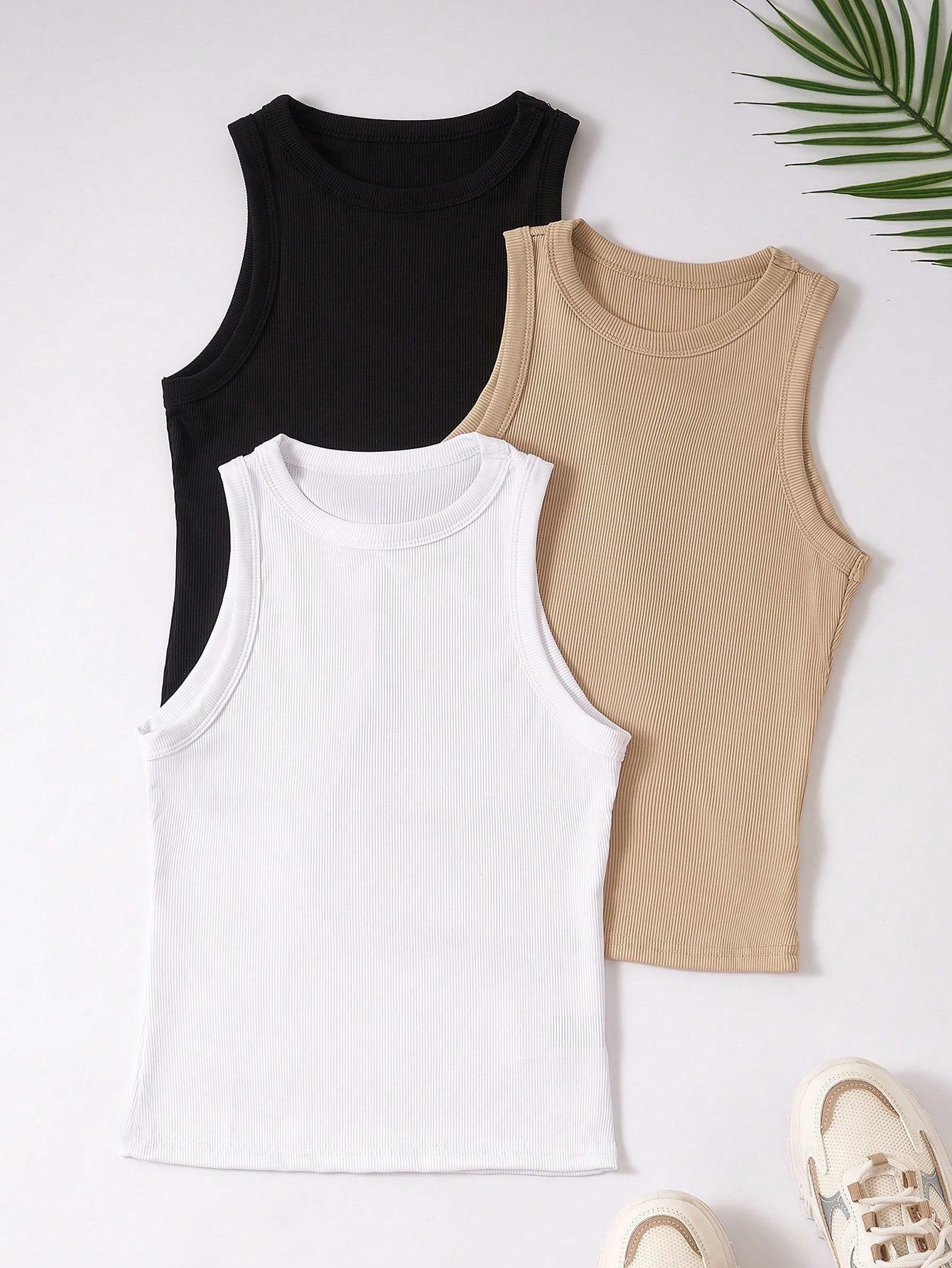 PRĄŻKOWANY TOP OKRĄGŁY DEKOLT BASIC 3 PACK