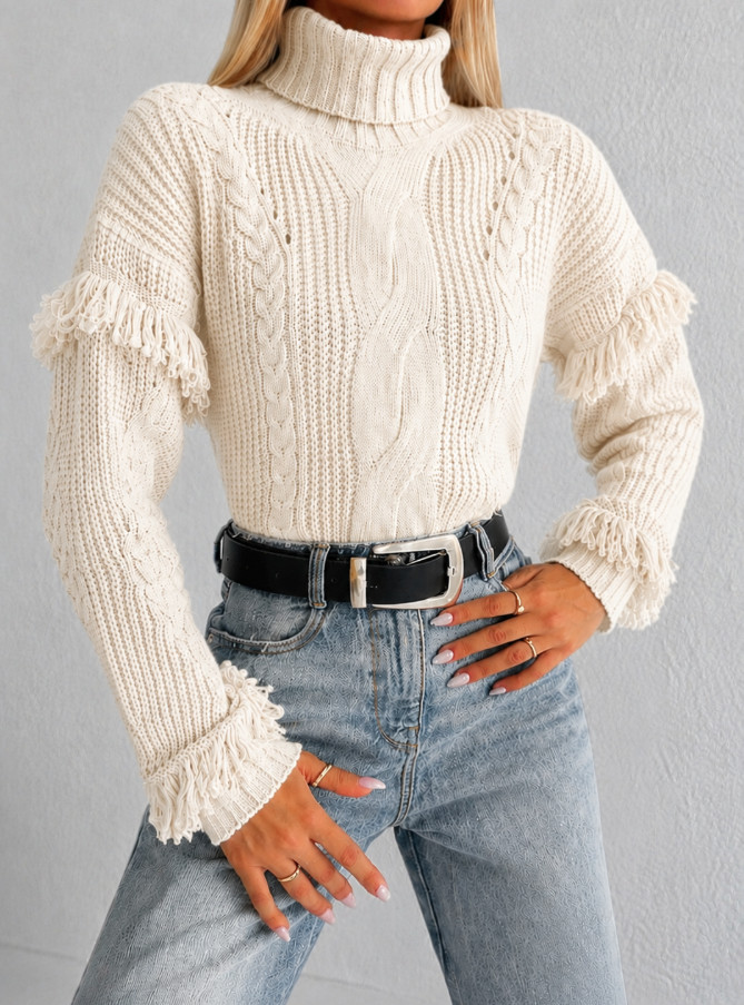 sweter golf frędzle splot ecru