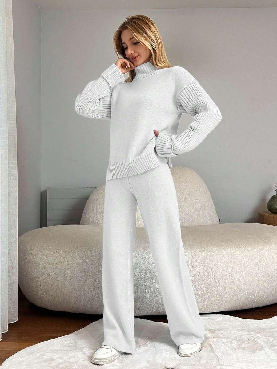 kremowy komplet sweter spodnie