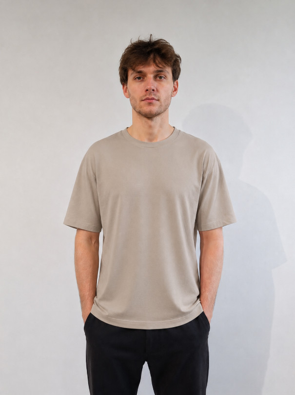 BAWEŁNIANY BEŻOWY T-SHIRT OKRĄGŁY DEKOLT NADRUK JAPAN