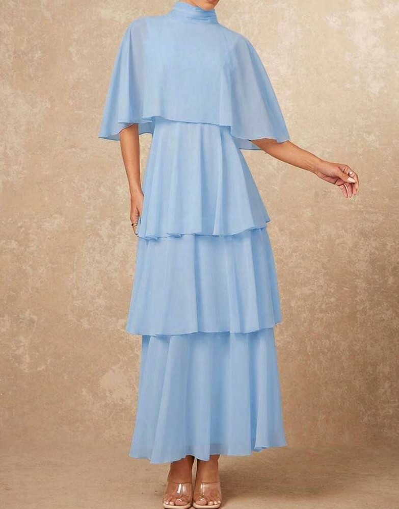 niebieska maxi sukienka stójka