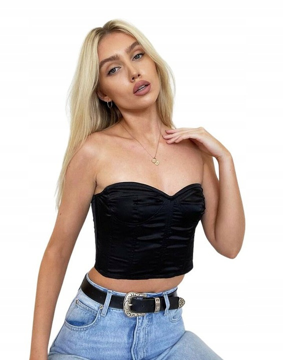 CZARNY gorsetowy BRALET TOP satyna