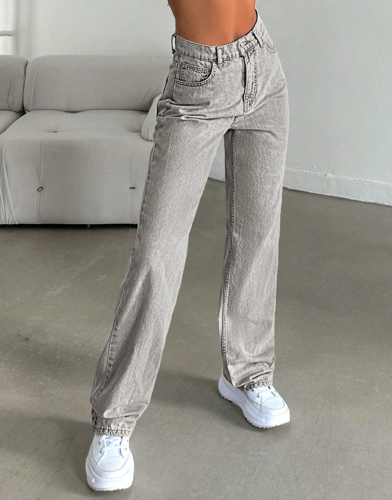 SZARE SPODNIE JEANS WYSOKI STAN