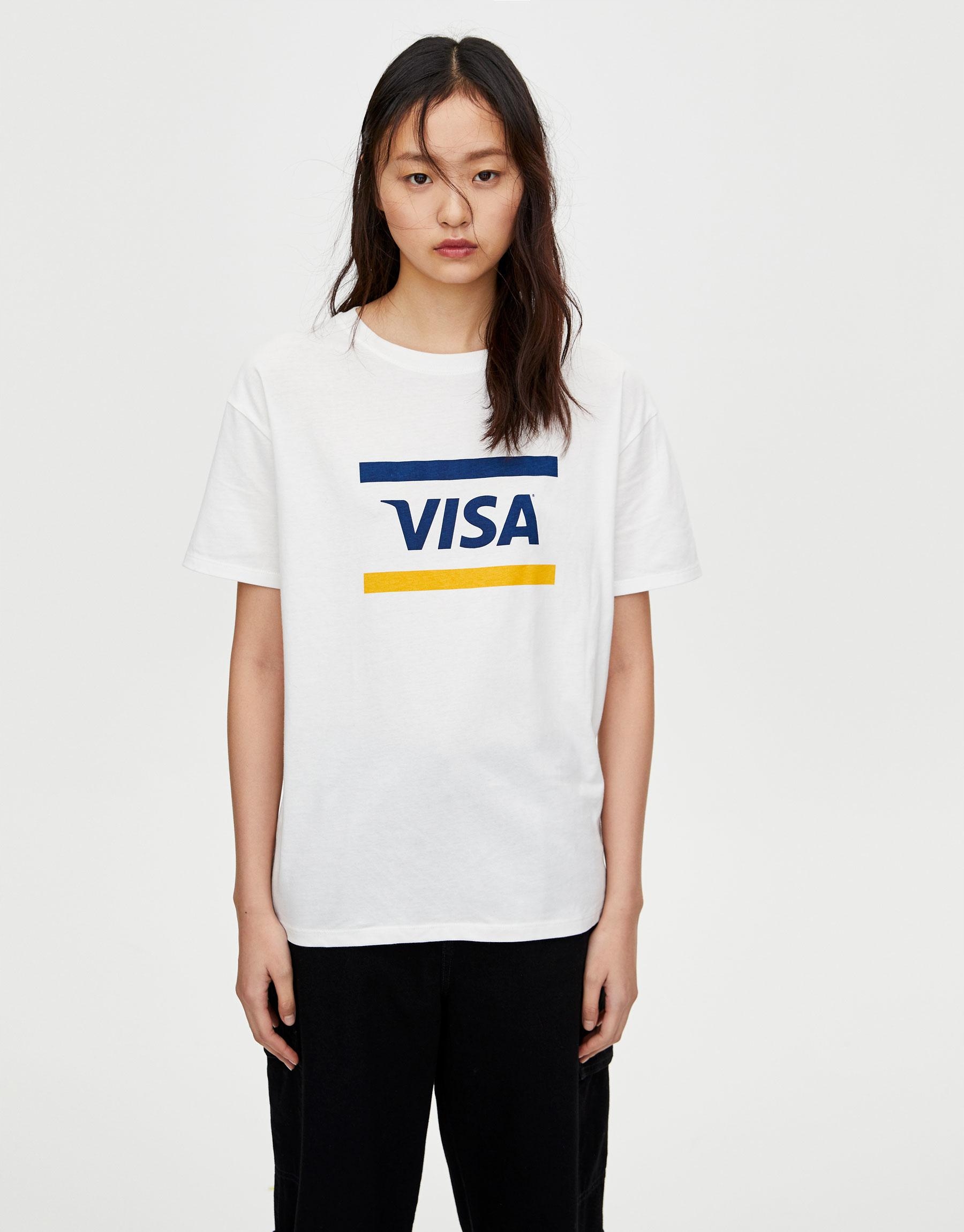 BIAŁY BAWEŁNIANY T-SHIRT NAPIS VISA OKRĄGŁY DEKOLT