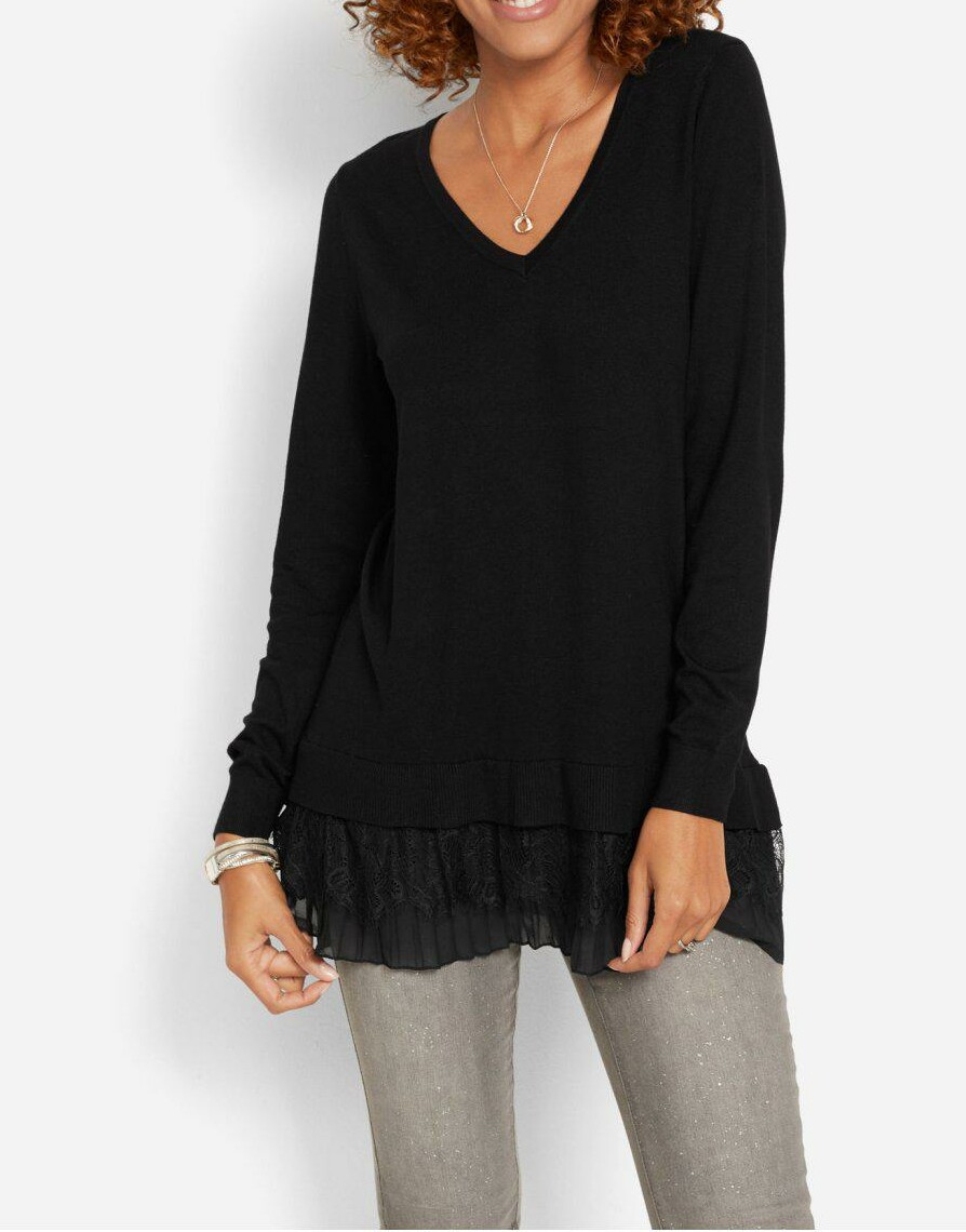 SWETER DAMSKI Z KORONKĄ I PLISOWANĄ WSTAWKĄ
