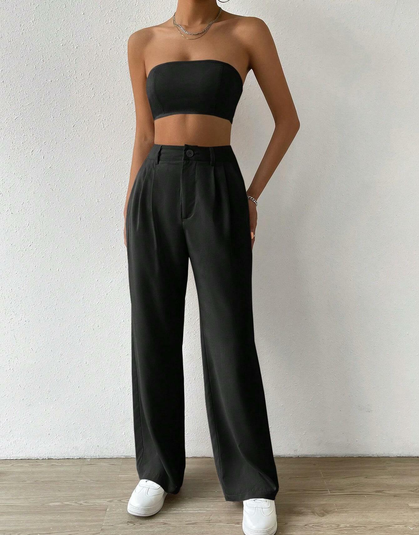 komplet spodnie wysoki stan crop top bandeau