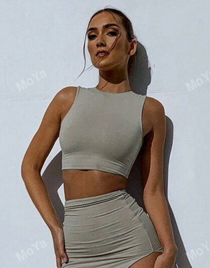 beżowy crop top bez rękawów okrągły dekolt basic