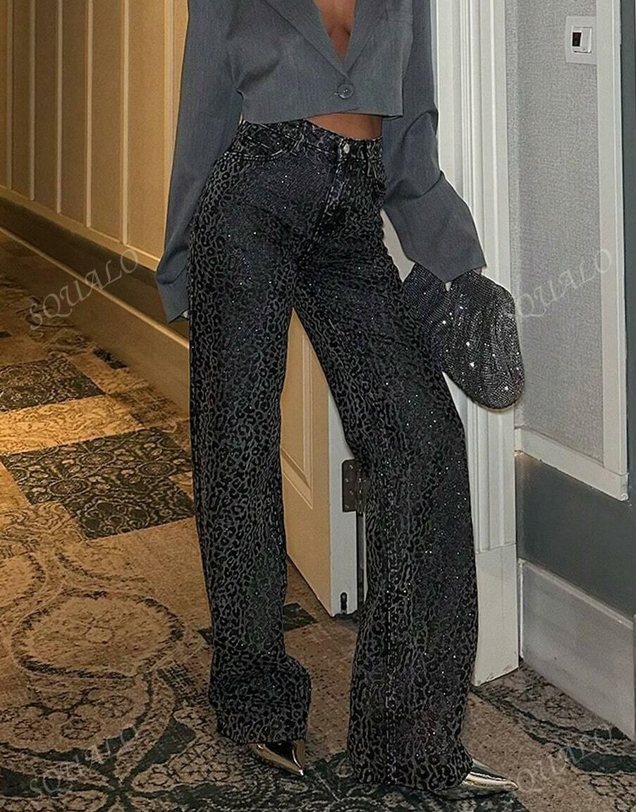 SZARE SPODNIE JEANS LEOPARD PRINT