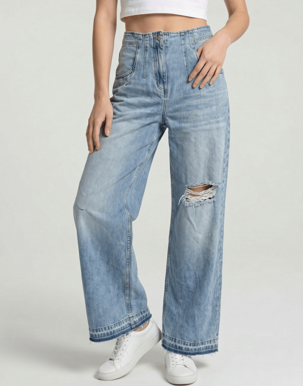 SPODNIE WYSOKI STAN JEANS OZDOBNE SZWY PRZETARCIA