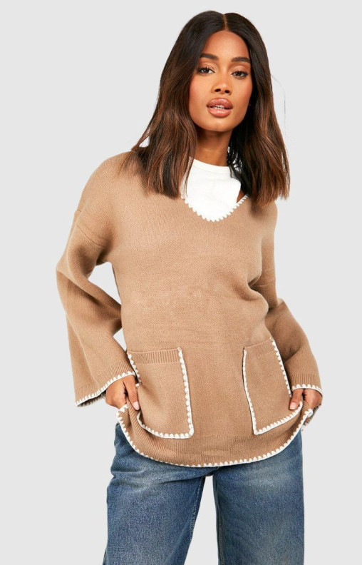 brązowy sweter kieszenie