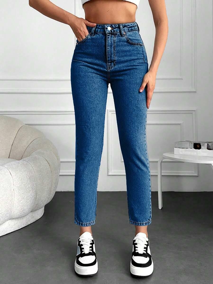 NIEBIESKIE SPODNIE MOM JEANS KIESZENIE ZAMEK