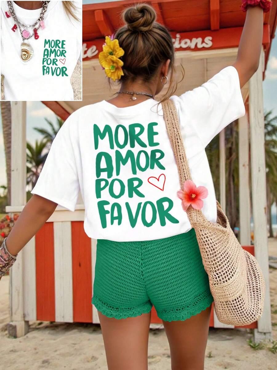 biały t-shirt okrągły dekolt nadruk
