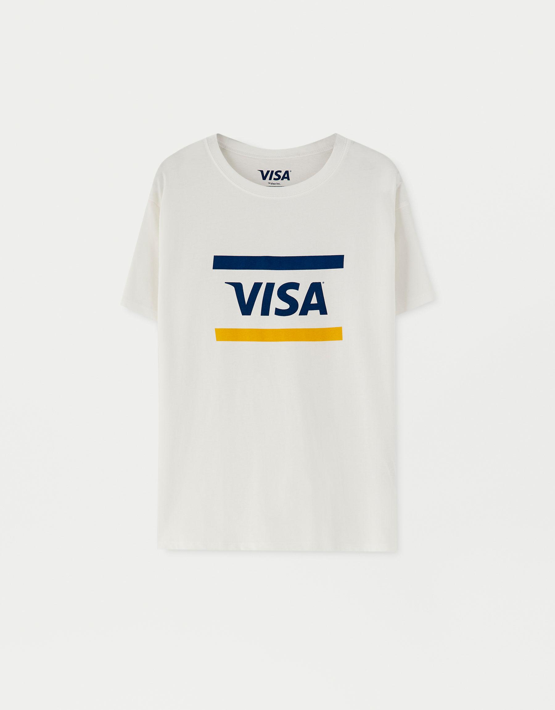 BIAŁY BAWEŁNIANY T-SHIRT NAPIS VISA OKRĄGŁY DEKOLT