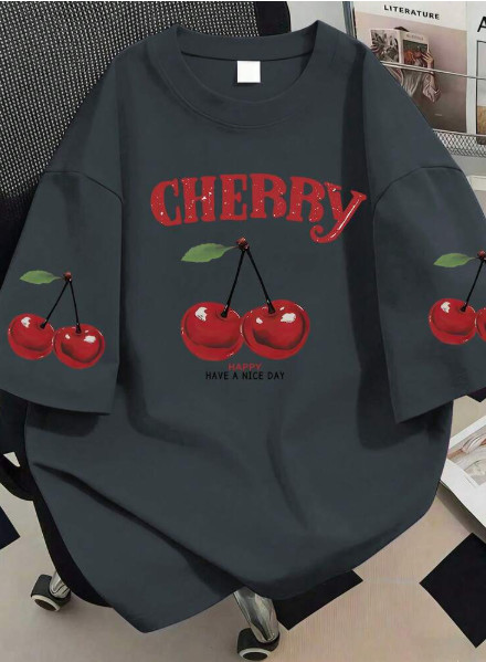 szary t-shirt okrągły dekolt nadruk wiśnie