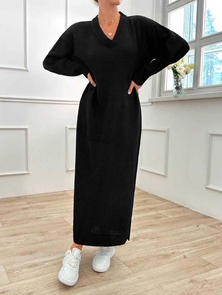 CZARNA SUKIENKA DZIANINA V-NECK